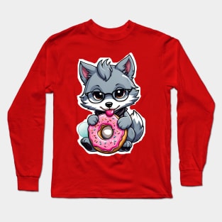 Cute Wolf Eating a Donut. Long Sleeve T-Shirt